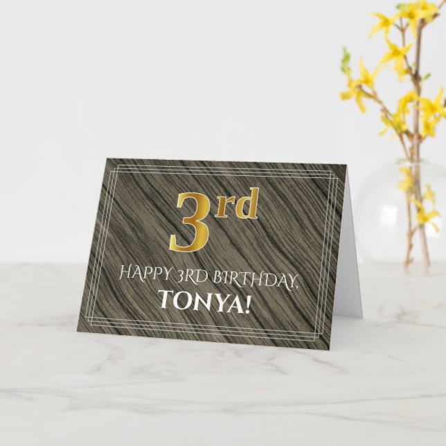 Elegant 3rd Birthday: Faux Wood, Faux Gold Look Card (Yellow Flower)