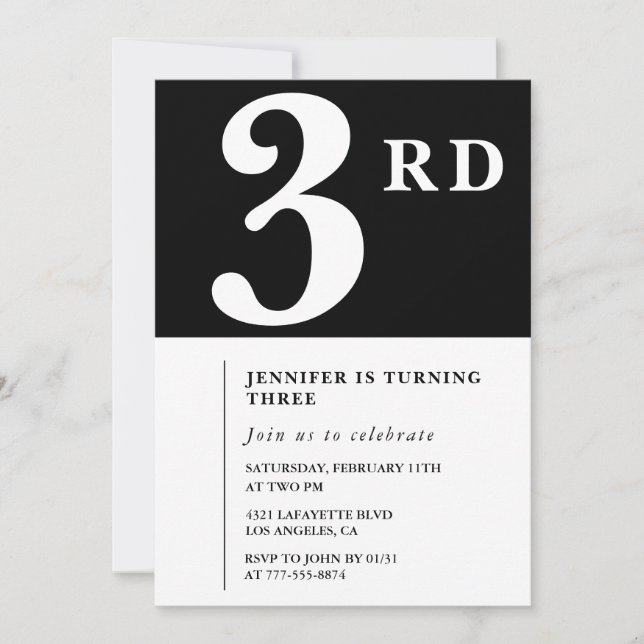 Elegant 3rd birthday invitation Black Chic Girl (Front)