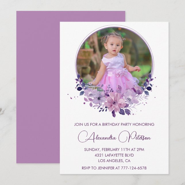 Elegant 3rd birthday invitation Photo Floral Boho (Front/Back)