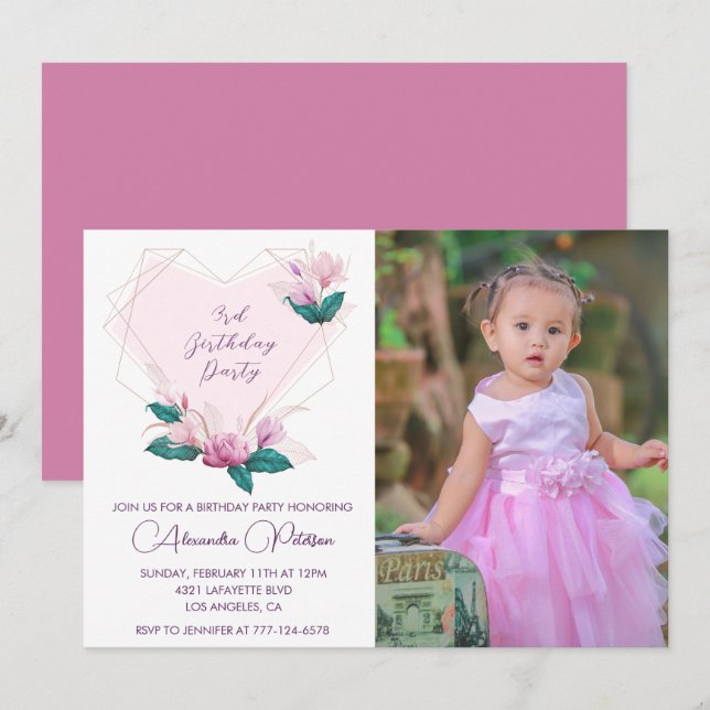 Elegant 3rd birthday invitations Floral Photo (Front/Back)