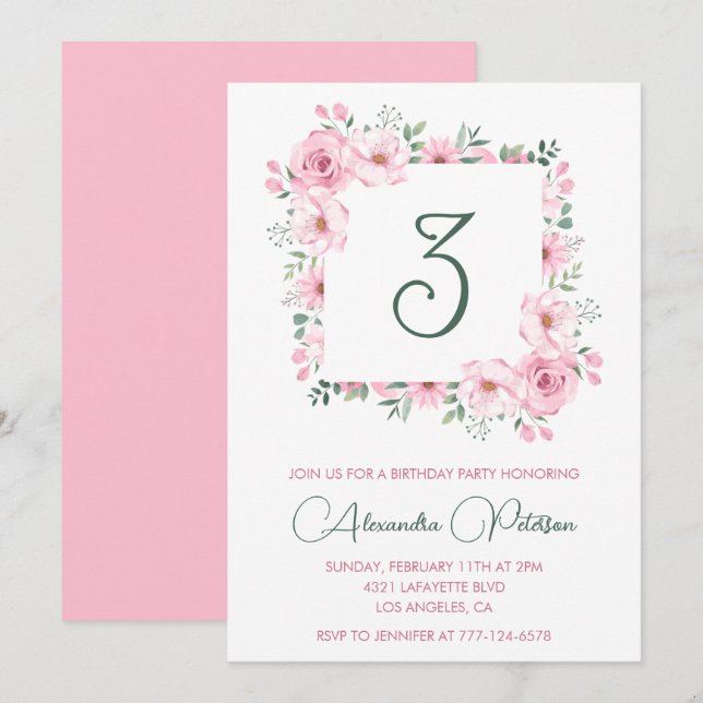 Elegant 3rd birthday invitations Floral  Pink (Front/Back)