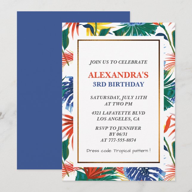 Elegant 3rd birthday invitations Tropical Party  (Front/Back)