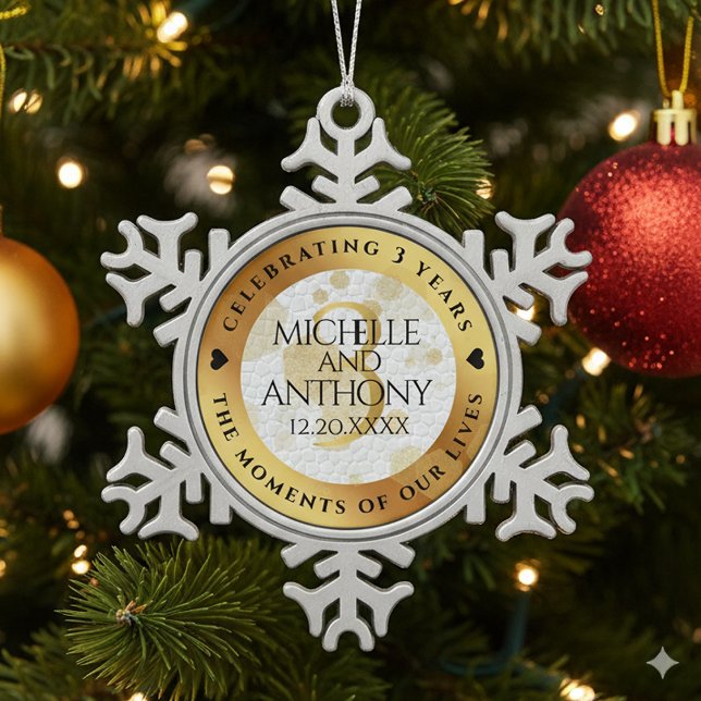 Elegant 3rd Leather Wedding Anniversary Snowflake Pewter Christmas Ornament (3rd Leather Wedding Anniversary Snowflake Pewter Ornament Cover Photo)