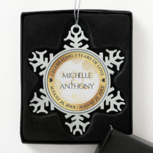 Elegant 3rd Leather Wedding Anniversary Snowflake Pewter Christmas Ornament