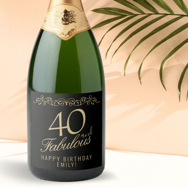 Elegant 40 and Fabulous Ornament 40th Birthday Sparkling Wine Label (Creator Uploaded)