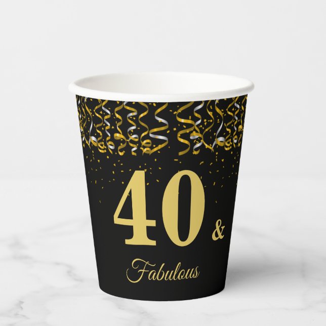 Elegant 40 & Fabulous Birthday on Black Paper Cups (Front)