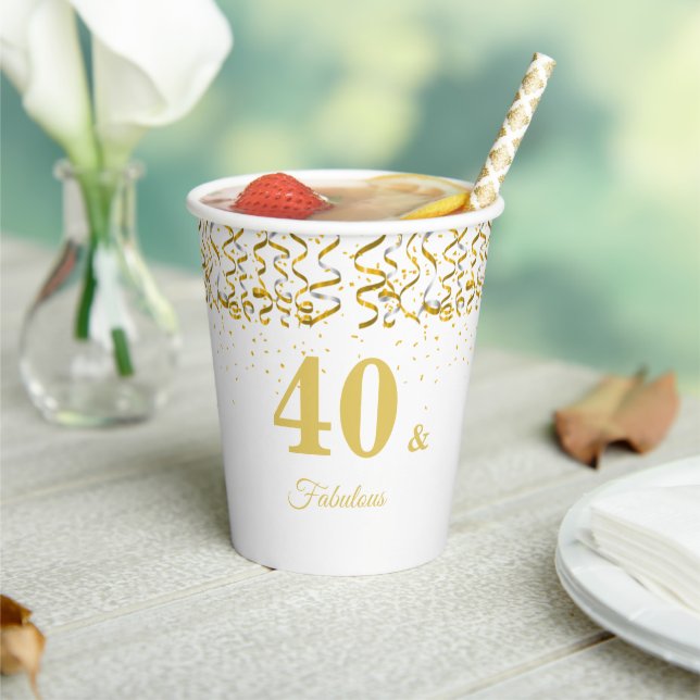 Elegant 40 & Fabulous Birthday on White Paper Cups (Insitu)