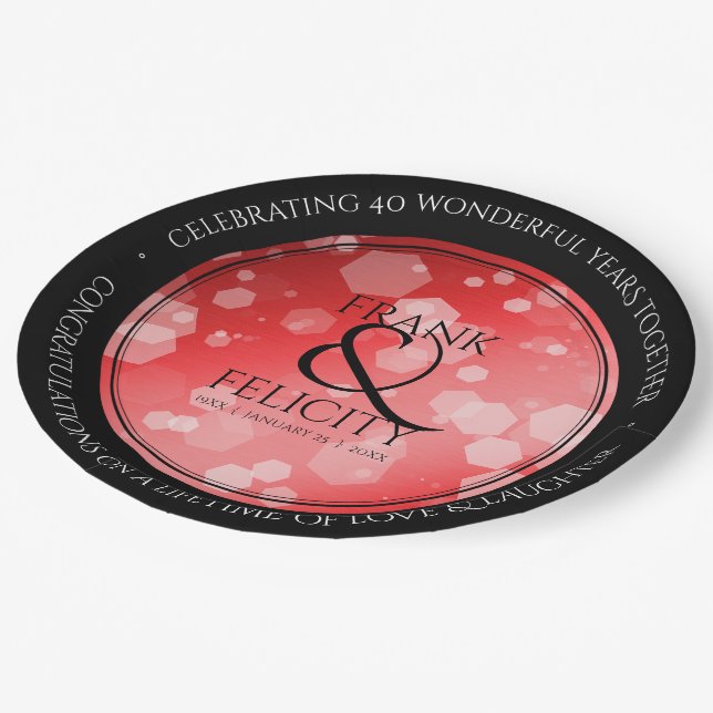Elegant 40th 80th Ruby Wedding Anniversary Paper Plate (Angled)