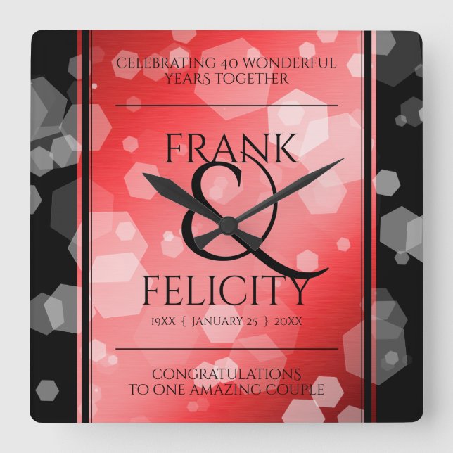 Elegant 40th 80th Ruby Wedding Anniversary Square Wall Clock (Front)