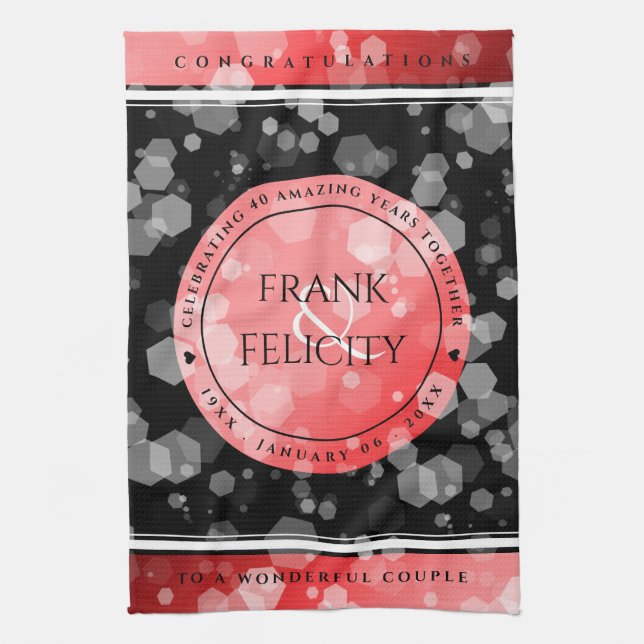 Elegant 40th 80th Ruby Wedding Anniversary Tea Towel (Vertical)