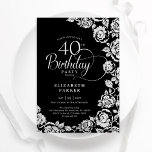 Elegant 40th Birthday Black Silver Roses Invitation<br><div class="desc">Black silver floral 40th birthday party invitation. Elegant design featuring roses,  faux silver foil and typography script font. Trendy invite card perfect for a stylish female bday celebration. Can be customised to any age. Personalise with your own details. Printed Zazzle invitations or instant download digital printable template.</div>