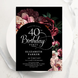 Elegant 40th Birthday Burgundy Pink Peonies Invitation