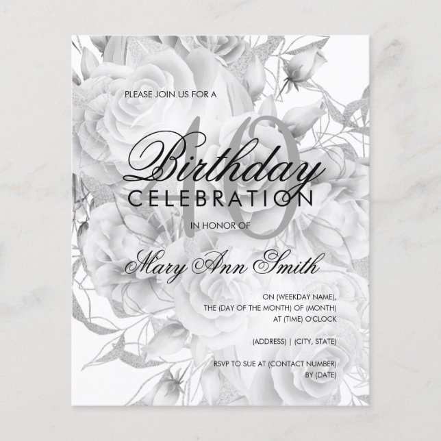 Elegant 40th Birthday Floral Silver White Invite (Front)