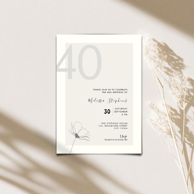 Elegant 40th Birthday Invitation - Minimal Style (Elegant 40th birthday invitation for woman with hand drawn flower.)