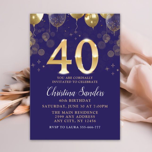 Elegant 40th Birthday Invitation with Gold Ballons (Creator Uploaded)