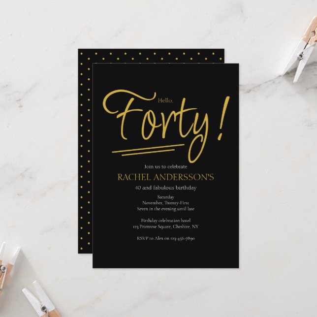 Elegant 40th Birthday Party Black Gold  Invitation (Front/Back In Situ)