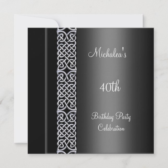 Elegant 40th Birthday Party Black Silver Trim Invitation (Front)