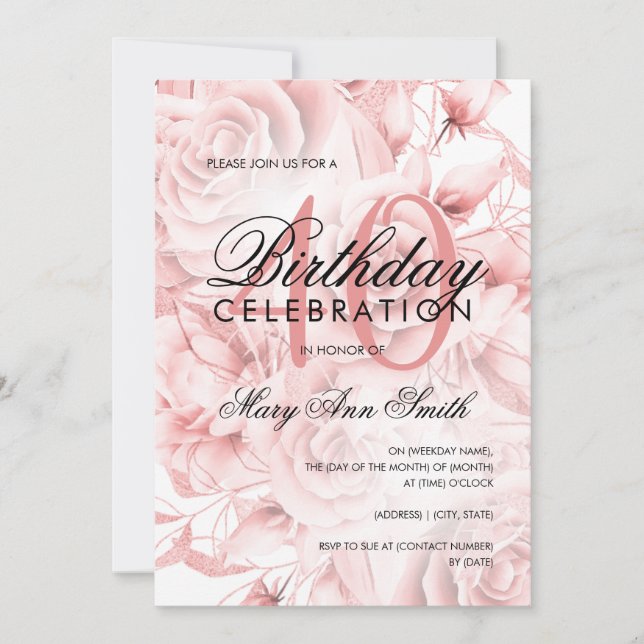 Elegant 40th Birthday Party Floral Rose Gold  Invitation (Front)
