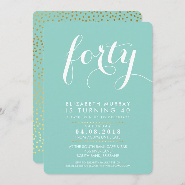 ELEGANT 40TH birthday party INVITE script mint (Front/Back)