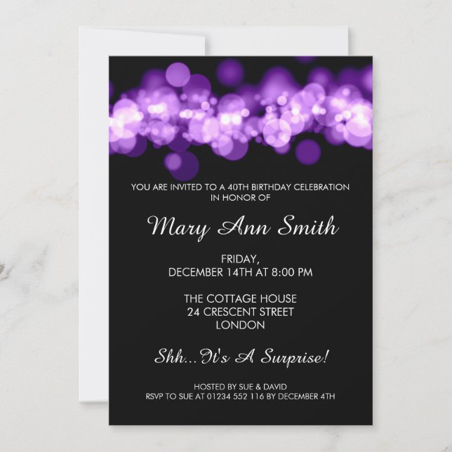 Elegant 40th Birthday Party Purple Bokeh Lights Invitation (Front)