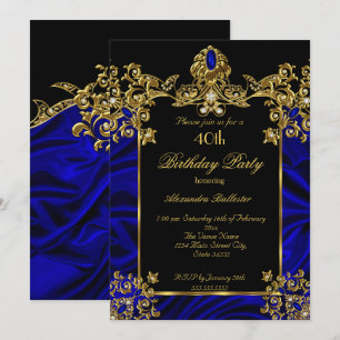 Elegant 40th Birthday Party Silk Royal Blue Gold Invitation