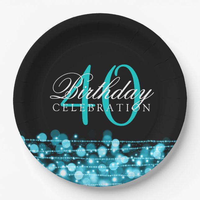 Elegant 40th Birthday Party Sparkles Turquoise Paper Plate (Front)