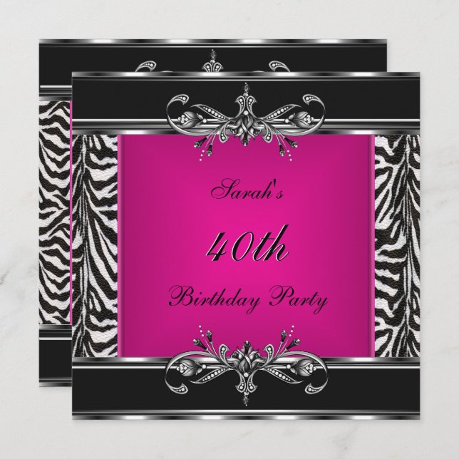 Elegant 40th Birthday Pink Zebra Black Silver Invitation (Front/Back)
