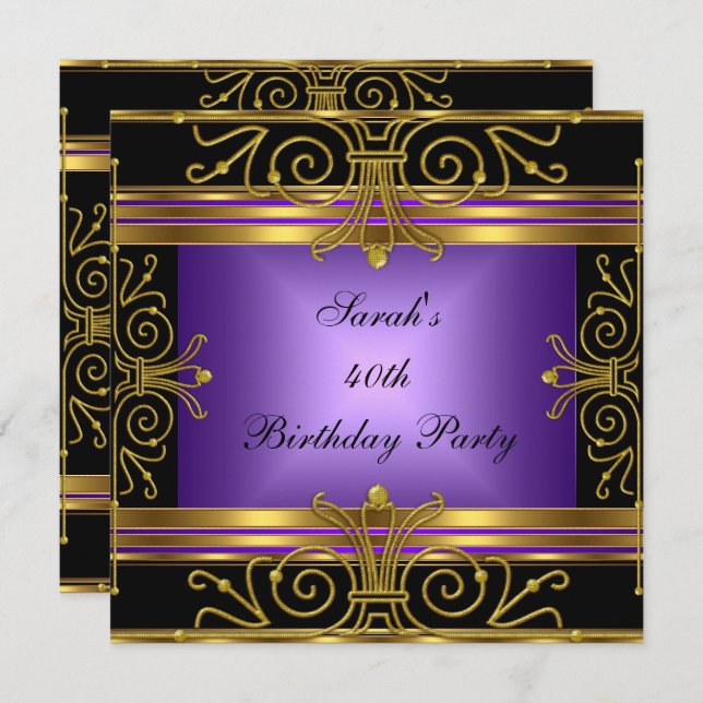 Elegant 40th Birthday Purple Black Gold Art Deco Invitation (Front/Back)