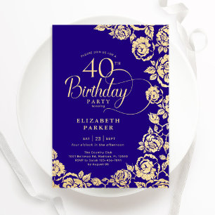 Elegant 40th Birthday Purple Gold Roses Invitation