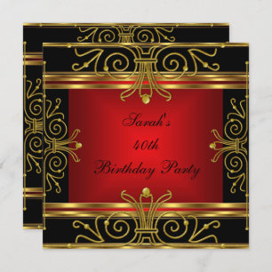 Elegant 40th Birthday Red Black Gold Art Deco 2 Invitation
