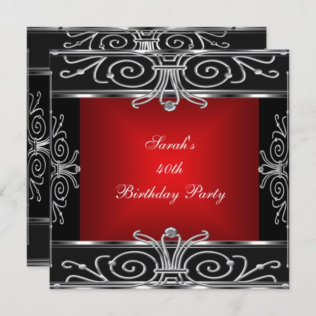 Elegant 40th Birthday Red Black Silver Art Deco Invitation (Front/Back)