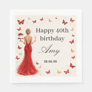 Elegant 40th Birthday red dress with butterflies Napkin