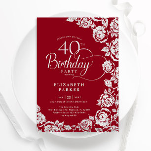 Elegant 40th Birthday Red Silver Roses Invitation