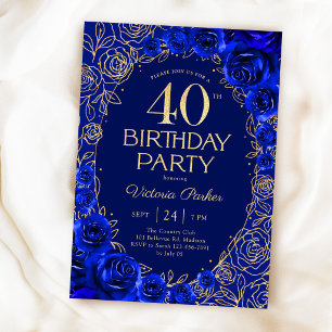 Elegant 40th Birthday Royal Blue Gold Floral Invitation