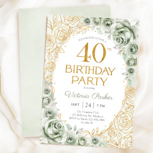 Elegant 40th Birthday Sage Green Gold Floral Invitation