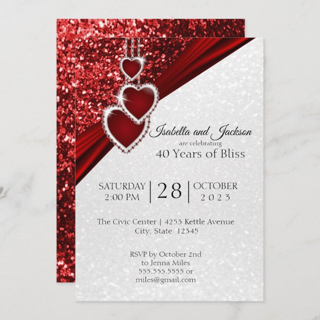 Elegant 40th Ruby Red Glitter Anniversary Design Invitation (Front/Back)