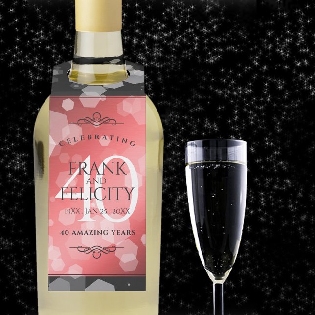 Elegant 40th Ruby Wedding Anniversary Celebration Bottle Tag (40th ruby wedding anniversary bottle hanger with champagne flute on a starry night sky.)