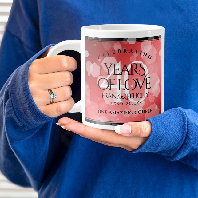 Elegant 40th Ruby Wedding Anniversary Celebration Large Coffee Mug (40th wedding anniversary jumbo mug held by woman sporting a wedding ring and blue sweatshirt.)