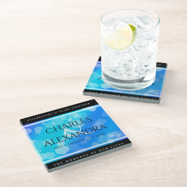 Elegant 41st Blue Topaz Wedding Anniversary Glass Coaster (Angled)
