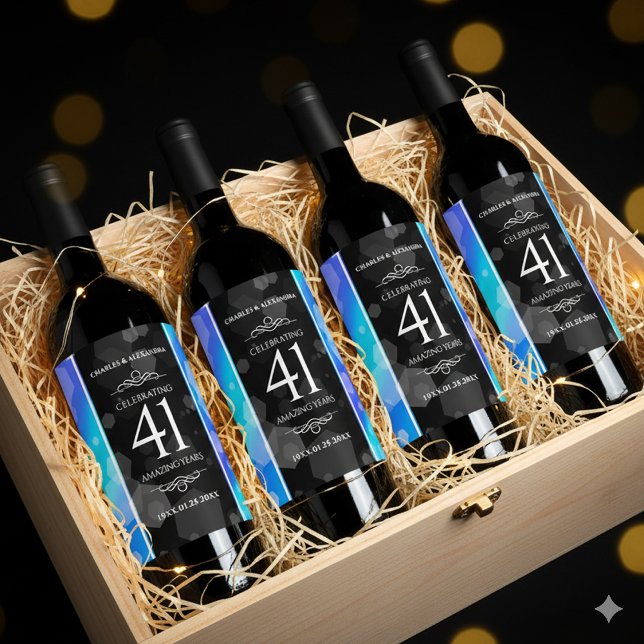 Elegant 41st Blue Topaz Wedding Anniversary Wine Label (41st Blue Topaz Wedding Anniversary Wine/Liquor Drink Labels Cover Photo)