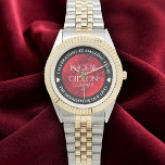 Elegant 42nd Jasper Wedding Anniversary Watch<br><div class="desc">Celebrate the 42nd wedding anniversary with this commemorative watch! Elegant white serif lettering on marbled cherry red and black backgrounds add a memorable touch for this special occasion and extraordinary milestone. Customise with the happy couple's names or initials, and a date for their jasper anniversary. Design © W.H. Sim. See...</div>