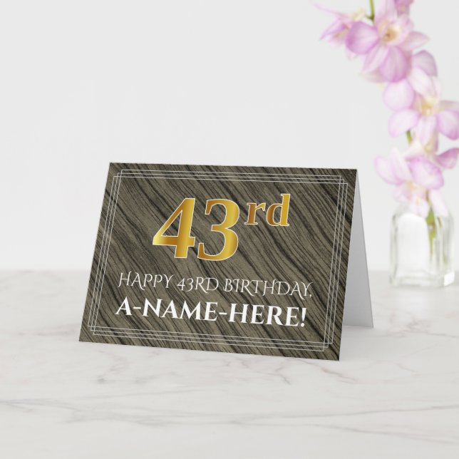 Elegant 43rd Birthday: Faux Wood, Faux Gold Look Card (Orchid)