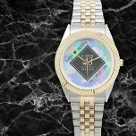 Elegant 43rd Opal Wedding Anniversary Celebration Watch<br><div class="desc">Celebrate the 43rd opal wedding anniversary and a love that stands the test of time with this stylish watch! Elegant black and white lettering with hexagonal confetti on an iridescent opal background add a memorable touch for this special occasion and extraordinary milestone. Personalise with the couple's names and dates of...</div>