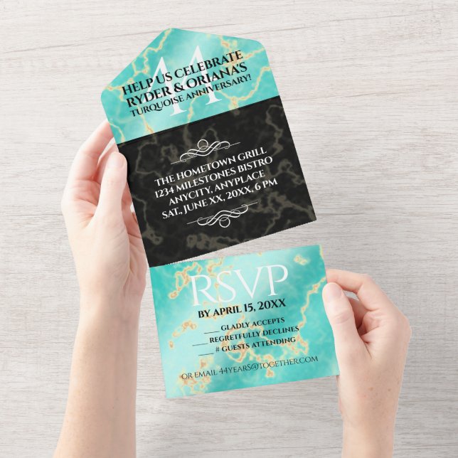 Elegant 44th Turquoise Wedding Anniversary All In One Invitation (Tearaway)