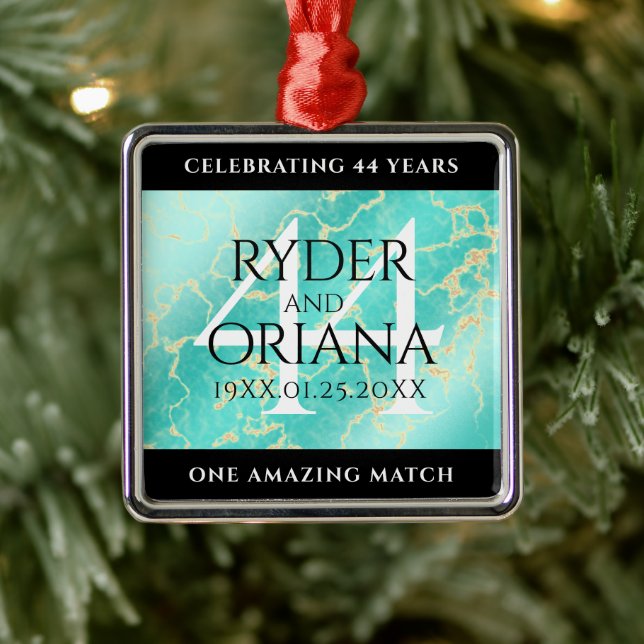 Elegant 44th Turquoise Wedding Anniversary Metal Ornament (Tree)