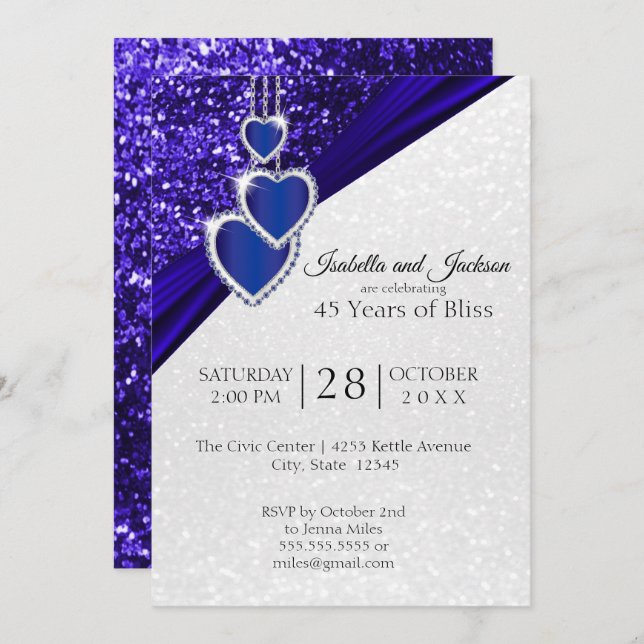 Elegant 45th or 65th Sapphire Glitter Anniversary Invitation (Front/Back)