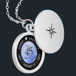 Elegant 45th Sapphire Wedding Anniversary Locket Necklace<br><div class="desc">Celebrate the 45th sapphire wedding anniversary in style with this commemorative locket! Elegant black serif and sans serif lettering with hexagonal confetti on a sapphire blue background add a memorable touch for this special occasion and extraordinary milestone. Customise with the happy couple's names, and add a date for their sapphire...</div>