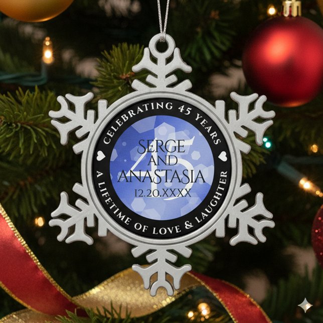 Elegant 45th Sapphire Wedding Anniversary Snowflake Pewter Christmas Ornament (45th Sapphire Wedding Anniversary Snowflake Pewter Ornament Cover Photo)