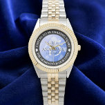Elegant 45th Sapphire Wedding Anniversary Watch<br><div class="desc">Celebrate the 45th sapphire wedding anniversary with this commemorative watch! Elegant lettering with hexagonal confetti on a sapphire blue background add a memorable touch for this special occasion and extraordinary milestone. Customise with couple's names,  dates of marriage,  and congratulatory messages.

Design © W.H. Sim. See more at zazzle.com/expressionsoccasions</div>