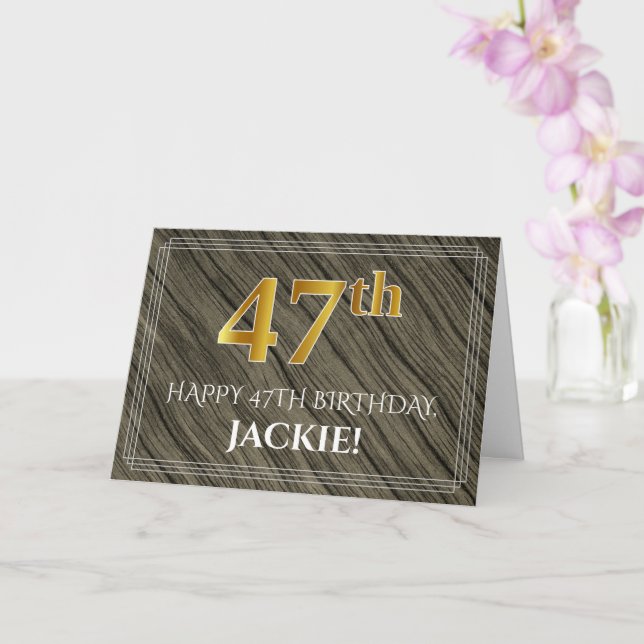 Elegant 47th Birthday: Faux Wood, Faux Gold Look Card (Orchid)